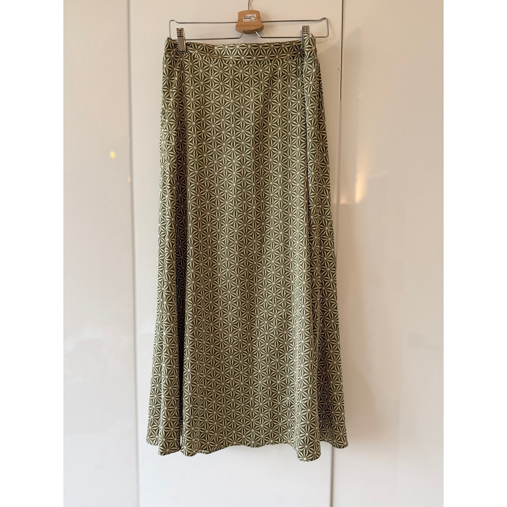 Womens M L Olive Green Geometric Floral Print Boho Maxi Skirt Elastic Pull On